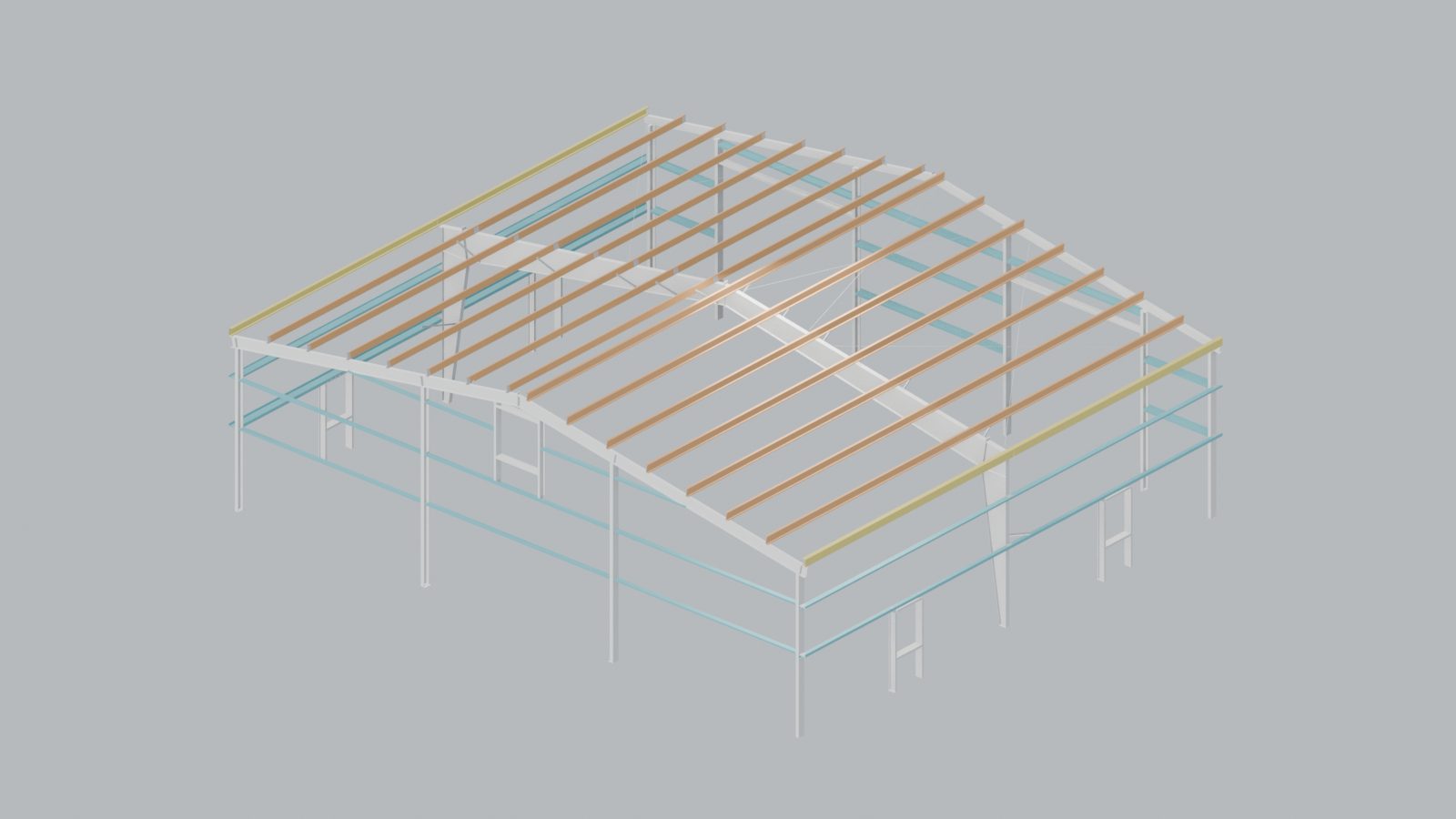 Isometric render of the primary and secondary frame of a 50 by 60 foot metal building