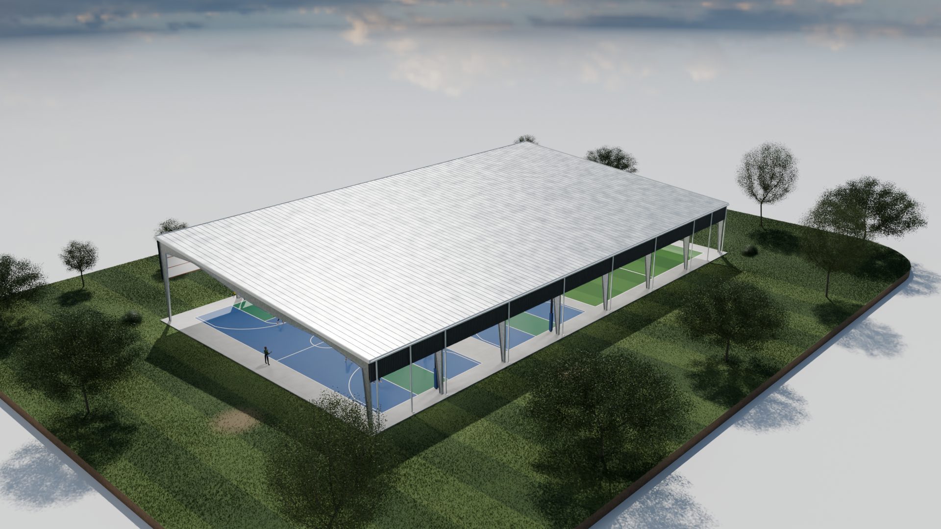 Aerial concept render of an open-sided steel pavilion