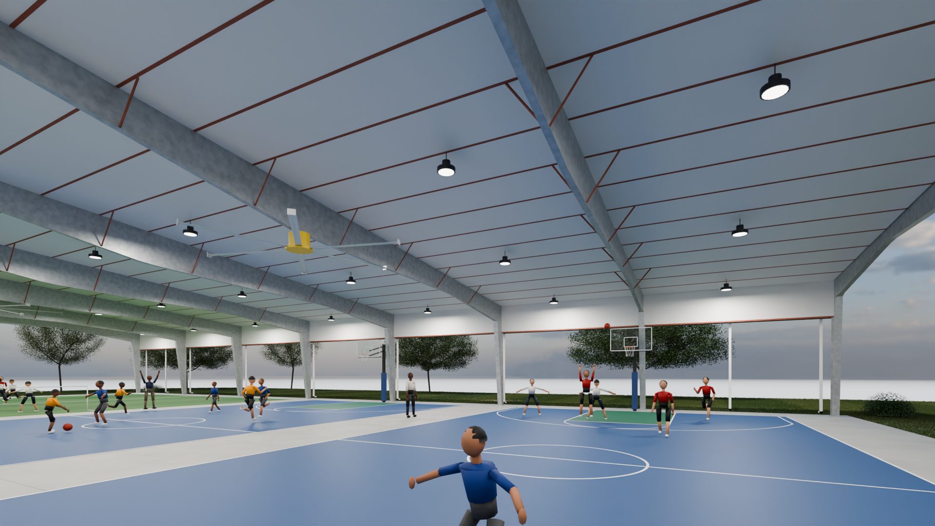 Concept render of the steel roof structure over recreation courts
